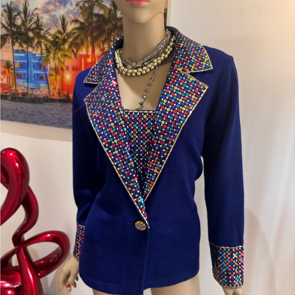 St. John royal blue multi  Blazer with Multicolor Sequin Trim paillettes 12 L - Picture 7 of 8